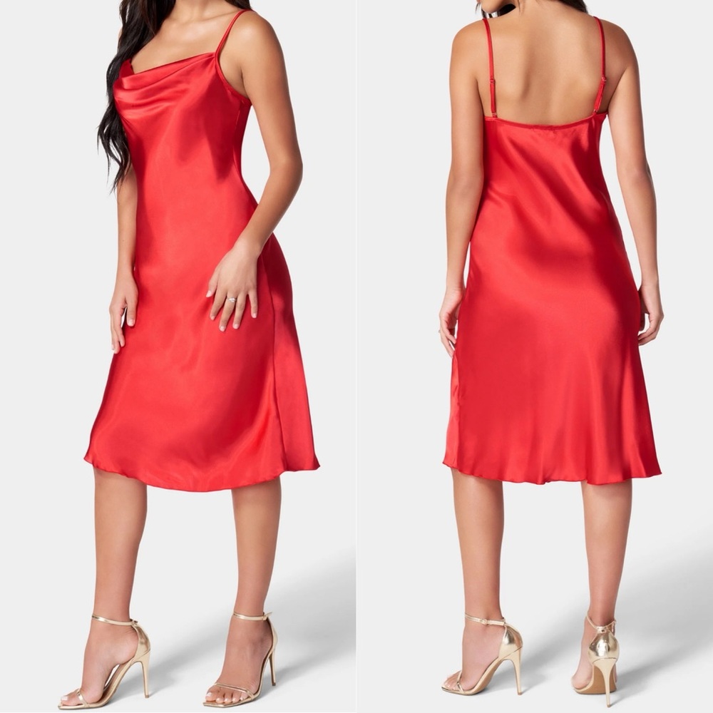 Bebe Satin Cowl Neck Slip Midi Dress Burt Red Orange Color